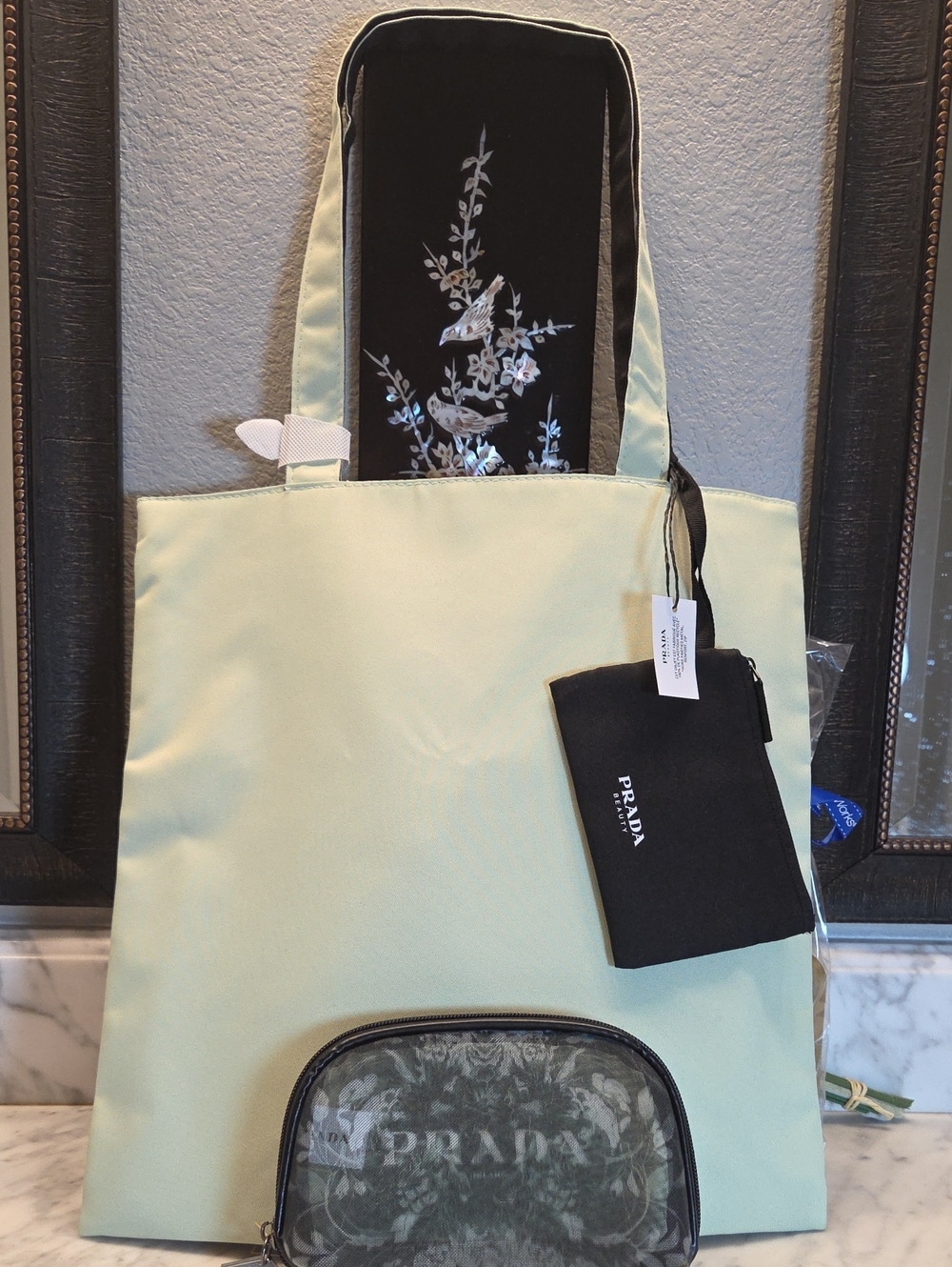 GWP Prada Pale Green/Black Reversible Nylon Tote with Black Logo Pouch NWT